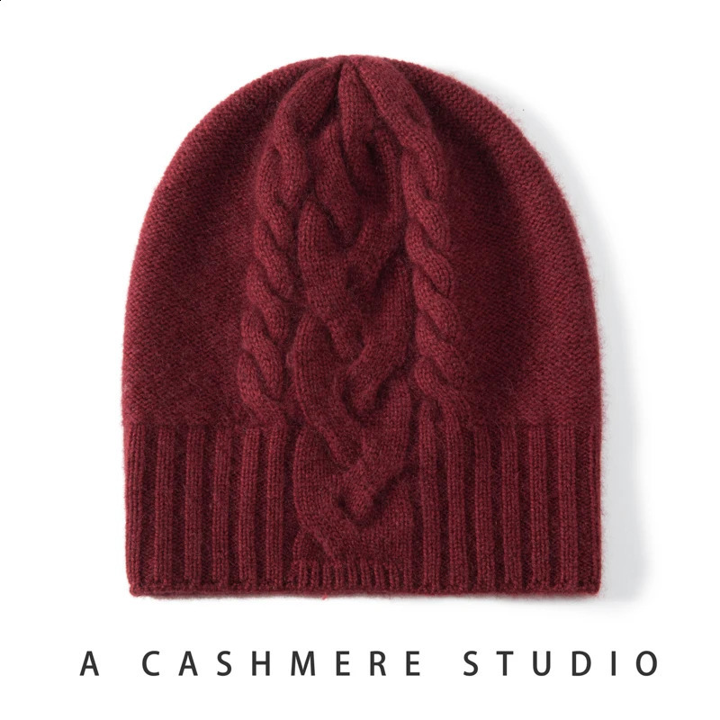 100% Pure Cashmere Hat Women Winter Knitted Twisted Flower Cap Beanies Warm Soft Knit Headgears Lady Hats Ear Protect Skullies 260917