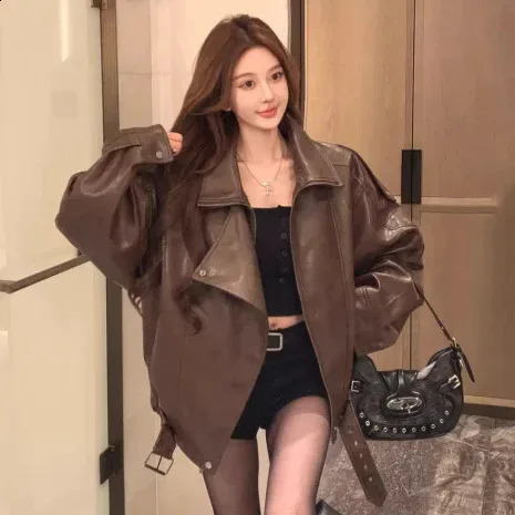 Women's Retro Zipper Collar PU Leather Jacket Coat Thickened Synthetic Leather Biker Style Top Spring 2026 China Origin 260916