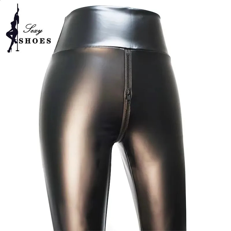 Open Crotch Pants for Women Sexy Black Matte Leather Double Zipper Bodycon Trousers Ladies Exotic Slim Nightclub Leggings Custom 260917