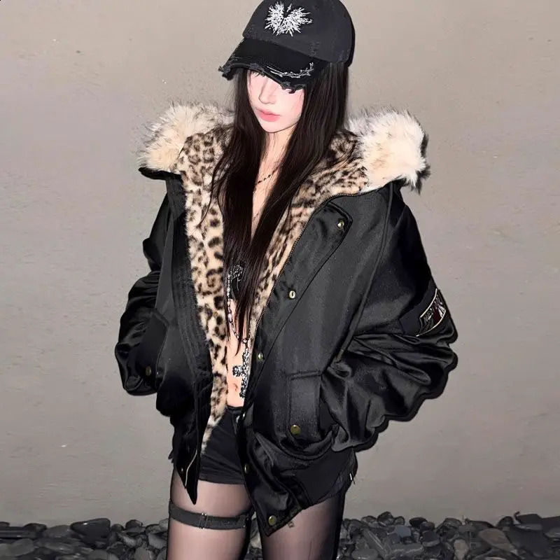 American Retro Fur Collar Jaet Winter Thiened Hooded Cotton Cotton Coat for Small Figures Leopard Hooded Short Jacket 260917