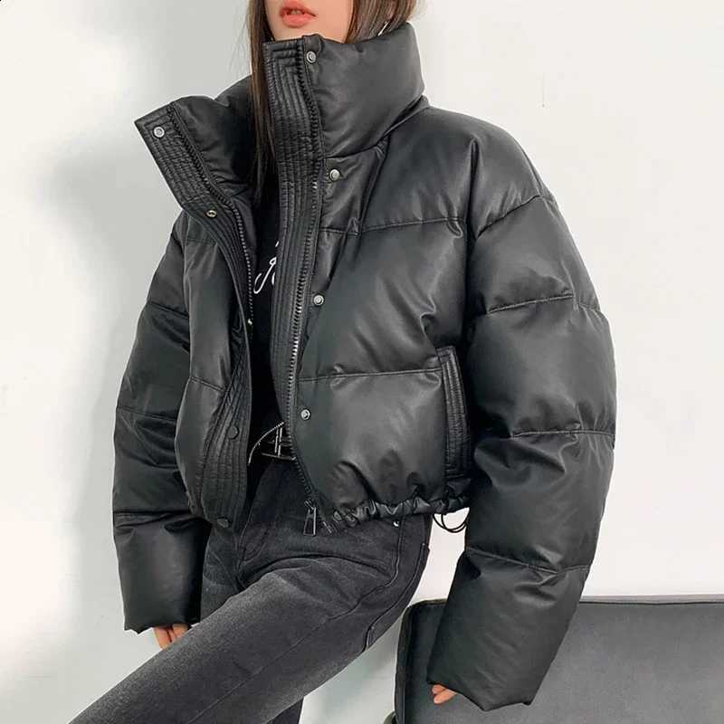 Gidyq Winter Pu Leather Cropped Parkas Women Fashion Streetwear Thick Warm Down Jacket Female All Match Zipper Puffty Outerwear H260917
