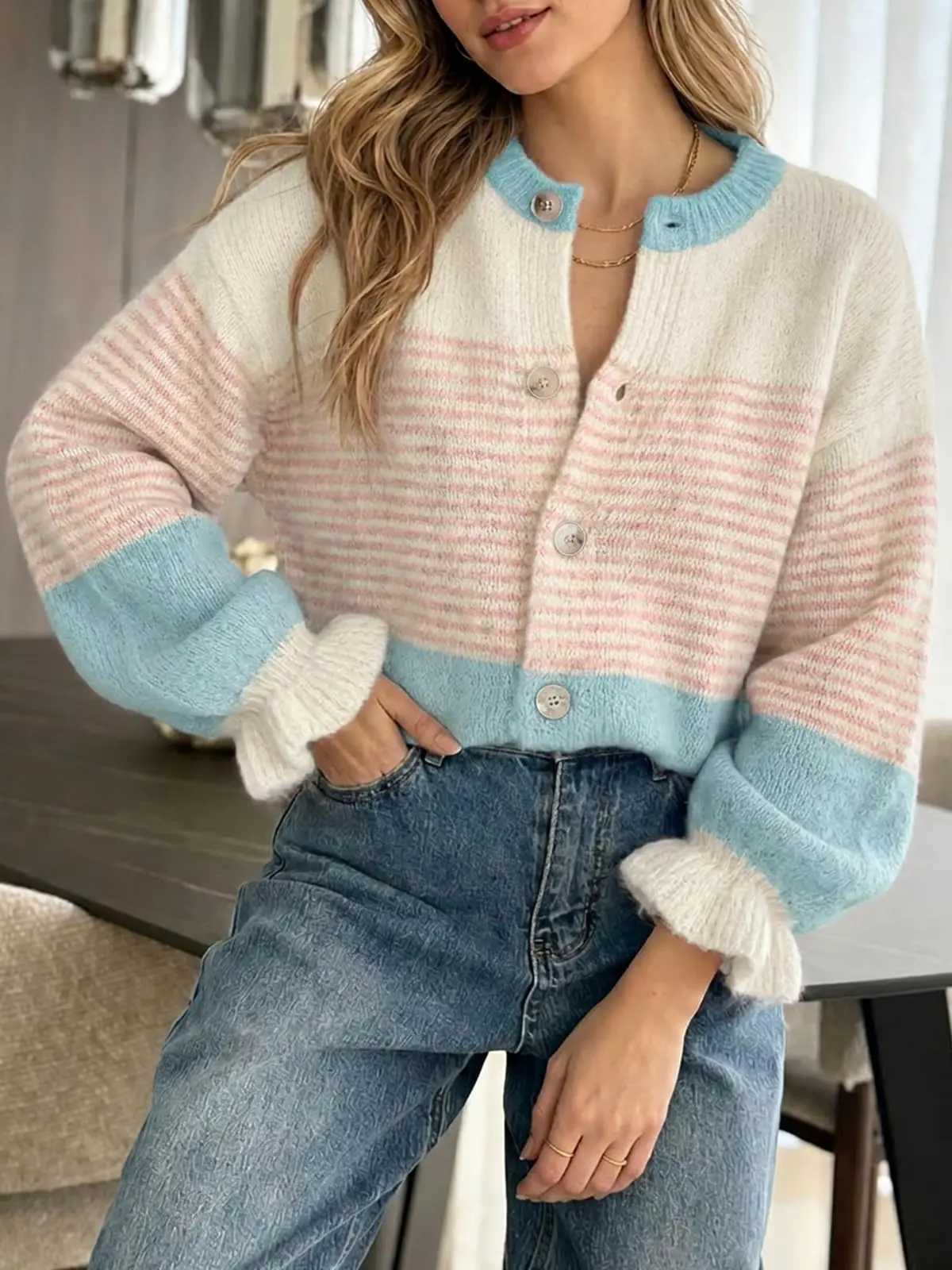 Womens Fall Striped Loose Cardigan Sweaters Ruffle Sleeve Button Up Color Block Sweater Coats S260917WPFD