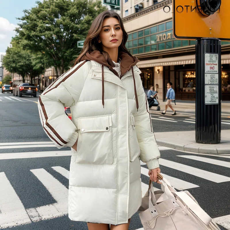 Fashion Women 2024 Casual Parkas Contrast Color Midi Fake Two Pieces Sweatshirt Hooded Oversized Down Cotton Thick Warm Coat H260917