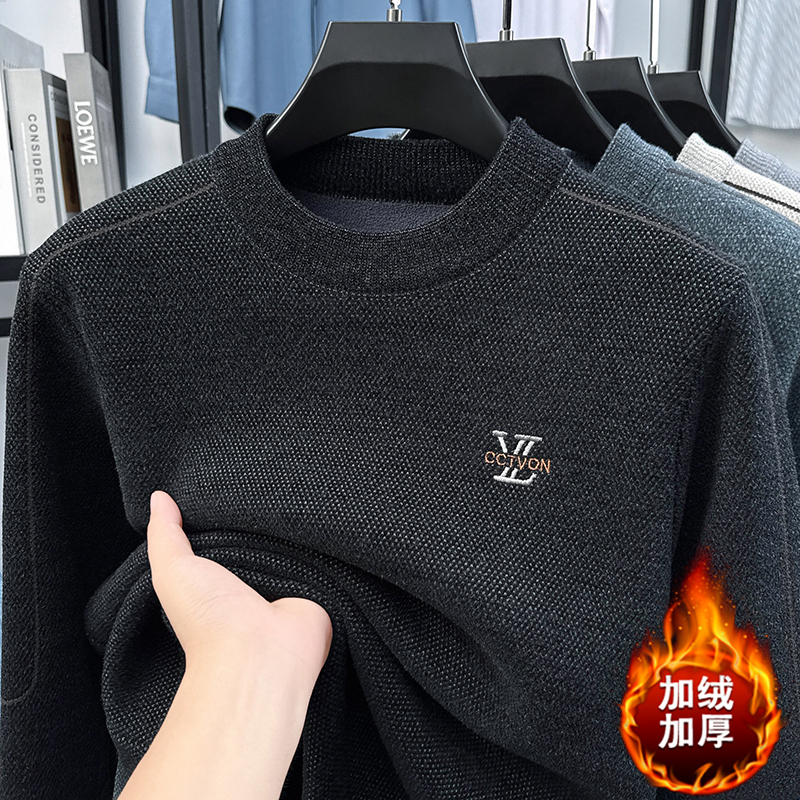 Winter 2025 Men's Sweater with and Mink Fur for Middle-aged Warmth, Integrated Fleece Base, Embroidered Round Neck Top J260917