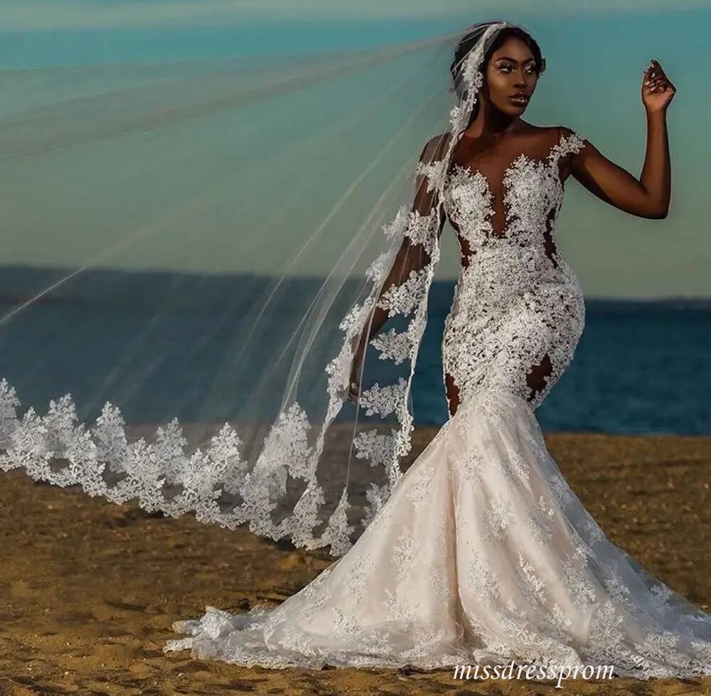 Wedding Dresses White Mermaid Bridal Gowns Ivory Formal Trumpet Applique New Plus Size Custom Zipper Up Sleeveless Bateau Lace Tulle Illusion