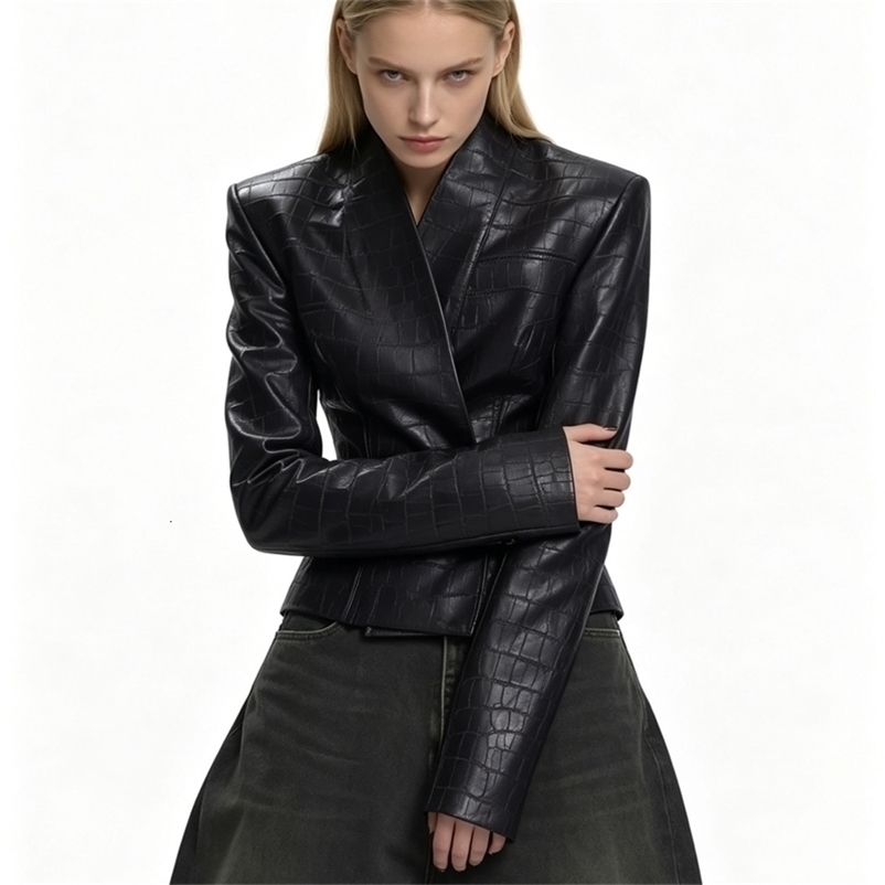 Women 2026 Croc Embossed Faux Leather Jacket VNeck DoubleBreasted Slim Fit Long Sleeve Chic Short Outerwear Coat 260916
