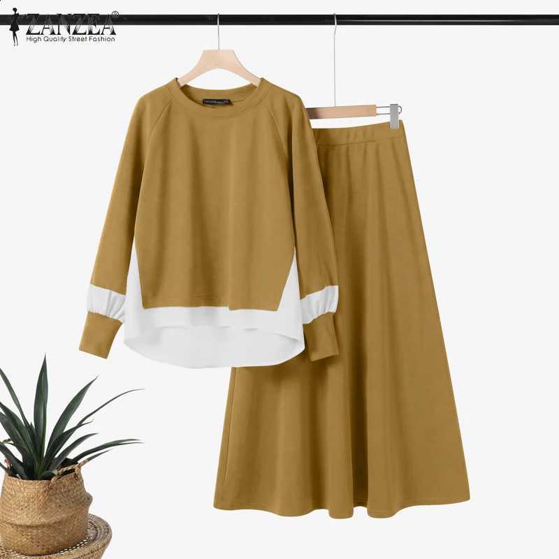 Sets ZANZEA Women Autumn Dress Stylish Casual Loose Long Skirt Tracksuit Colorblock Fashion Fake 2PCS Tops Outfits Matching SuitW260915