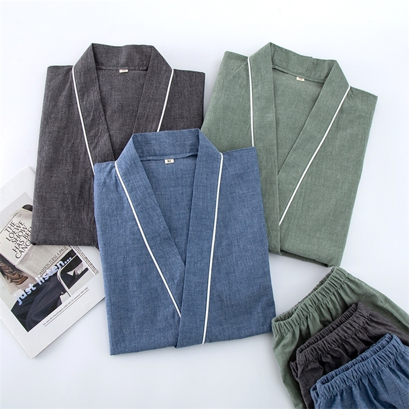 Spring Summer Japanese Pajama Sets Male 100 Cotton Spa Robe Boxer Short Sleeve Kimono Robes Men Striped Home Hombre y260907