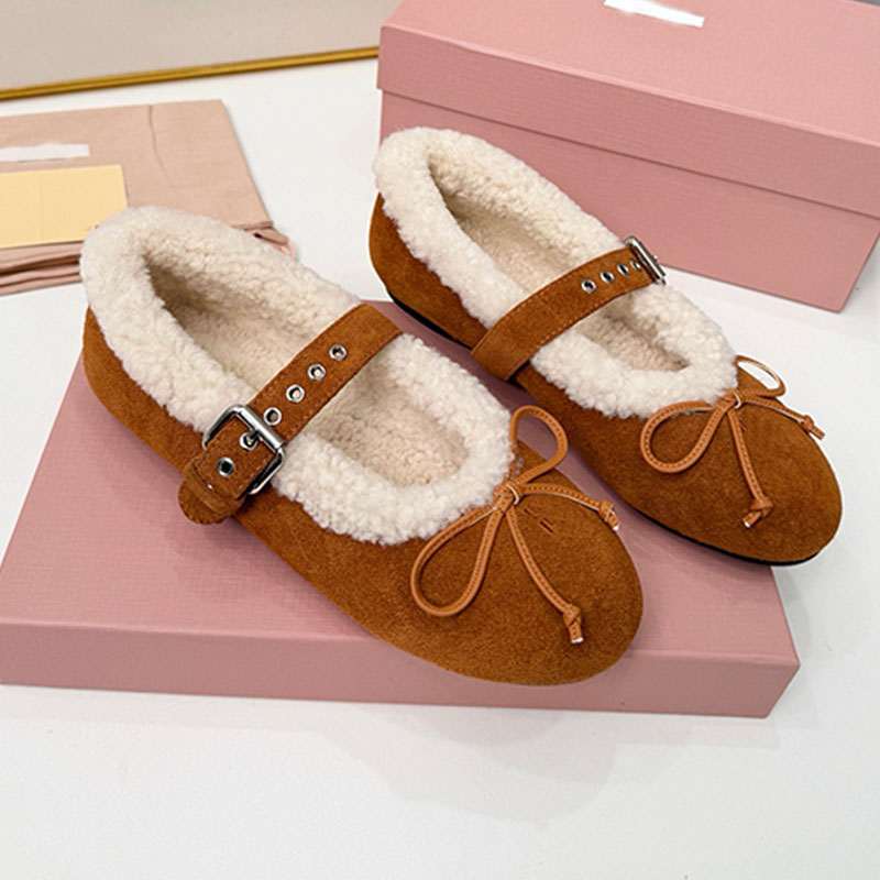 Women New Arrivals Suede shearling ballerinas iconic embroidered upper Ladies Winter Ballet Shoes Ultra Soft light lady comfortable Mary Jane bow ba