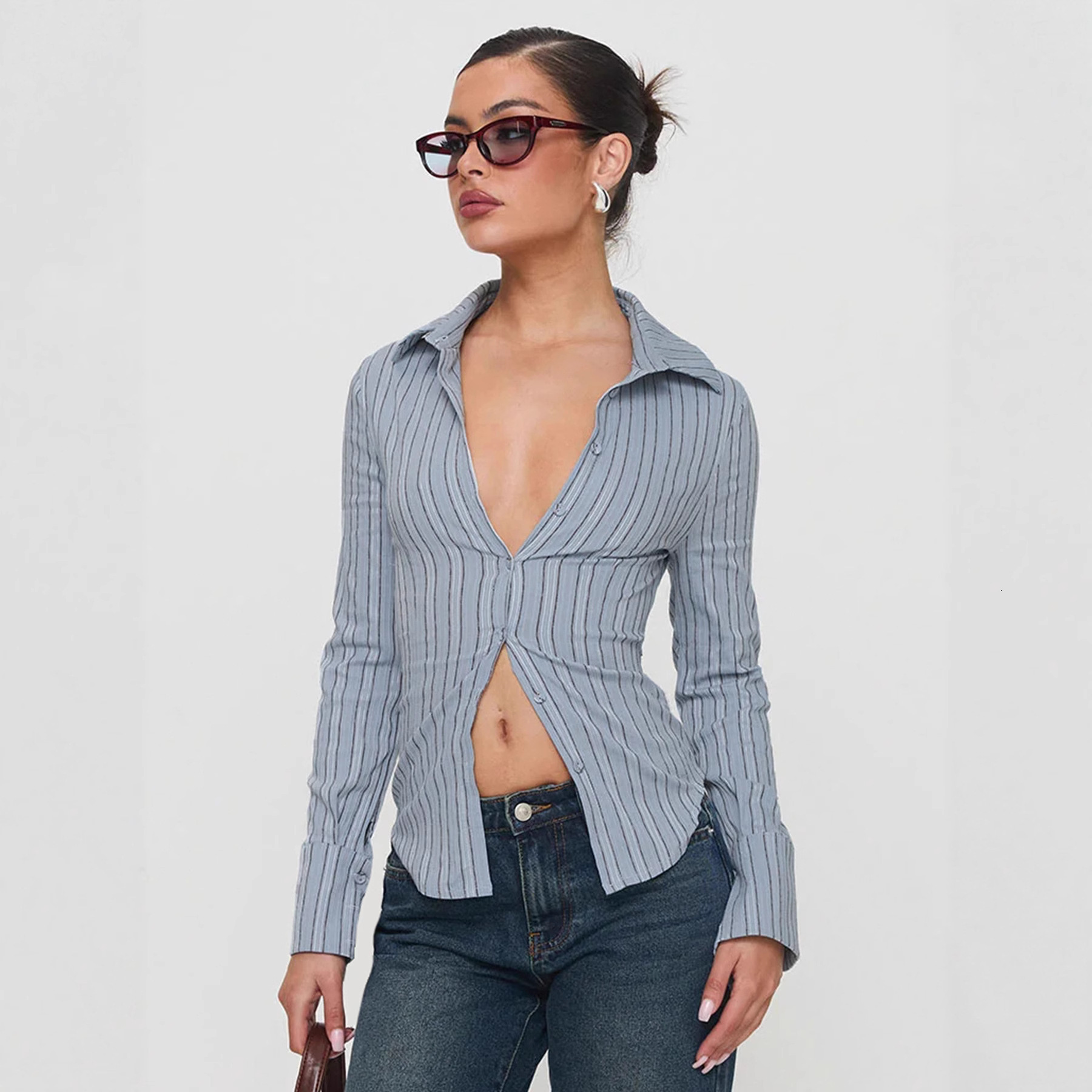 Amazon's new autumn and winter elegant commuter style striped waist-cinching shirt with a turn-down collar, single-breasted, slim-fit, long-sle