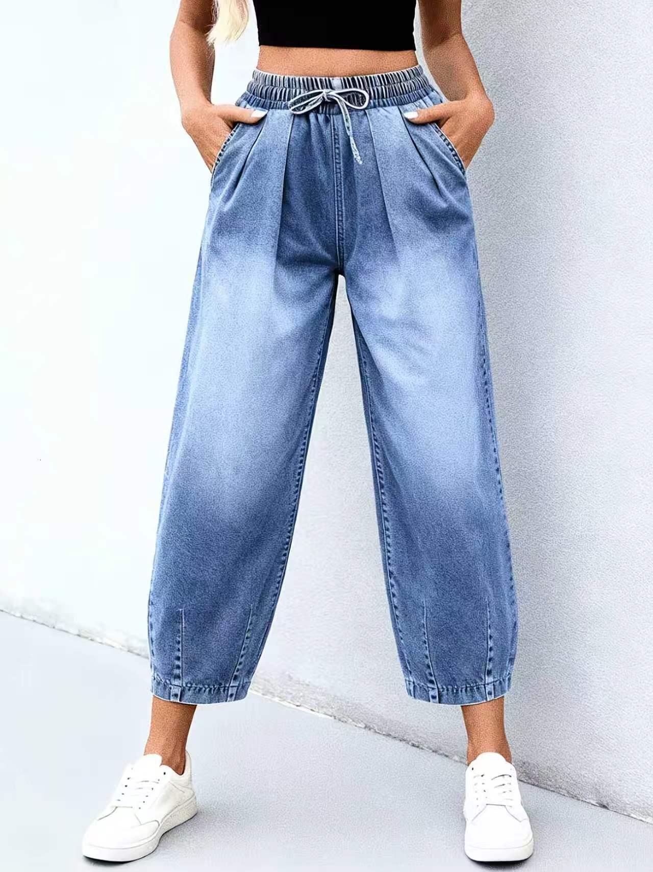 European and American style elastic waist drawstring jeans, light wash, pleated, loose, cropped, lantern pants, plus size casual denim 25