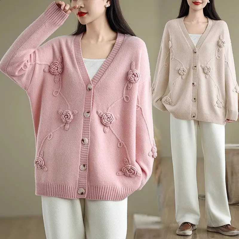 And Autumn Sweet 2025 Winter Knitted Wool Cardigan Women's V-Neck Three-Dimensional Hook Flower Loose Sweater Jacket Top A702 J260916