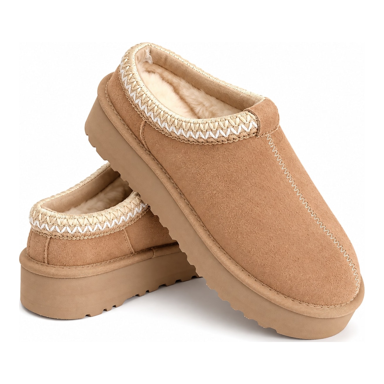 Thick Sole Genuine Leather Wool Snow Boots Women, Ethnic Style Warm Fur Lined Half Slipper Boots, Height Boosting Winter Slide, Wholesale