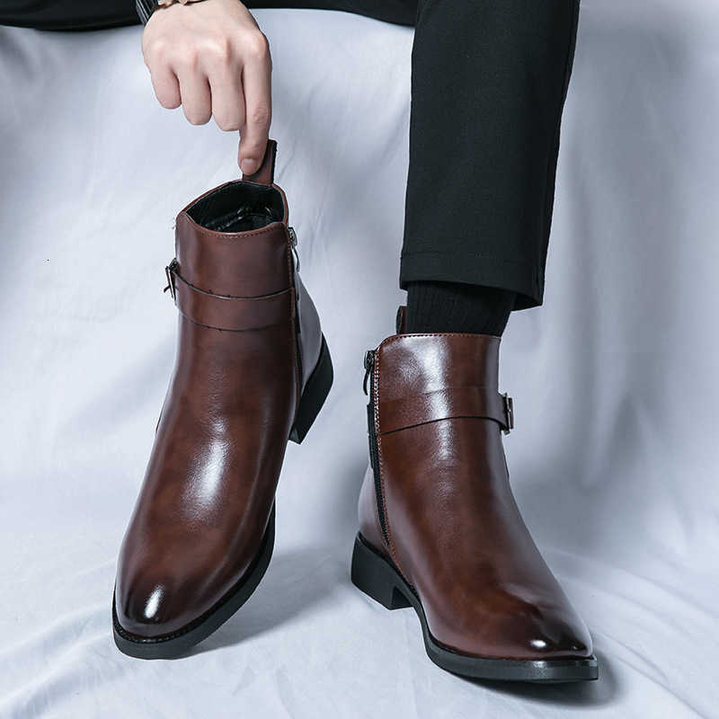 Men's Winter High-top Versatile Chelsea Boots Classic Soft and Comfortable Zippered Shoes Maximum Black Leather Shoes D260917