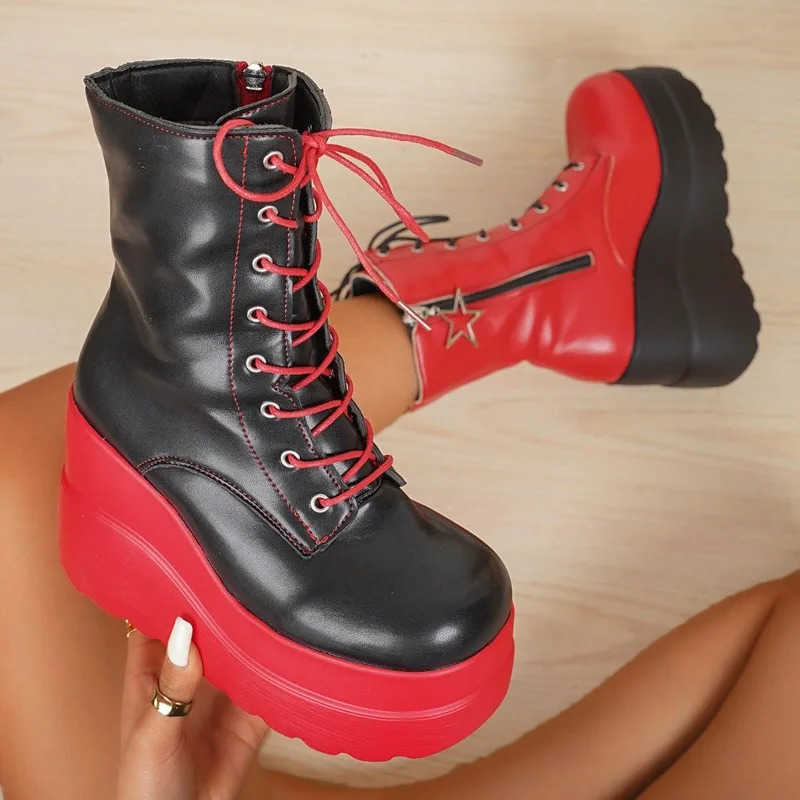 New Design Women Punk 11CM Gothic Motorcycle Boots Platform Chunky High Heel Ankle Boot Ladies Cool Wedge Black Red Female Shoes D260917