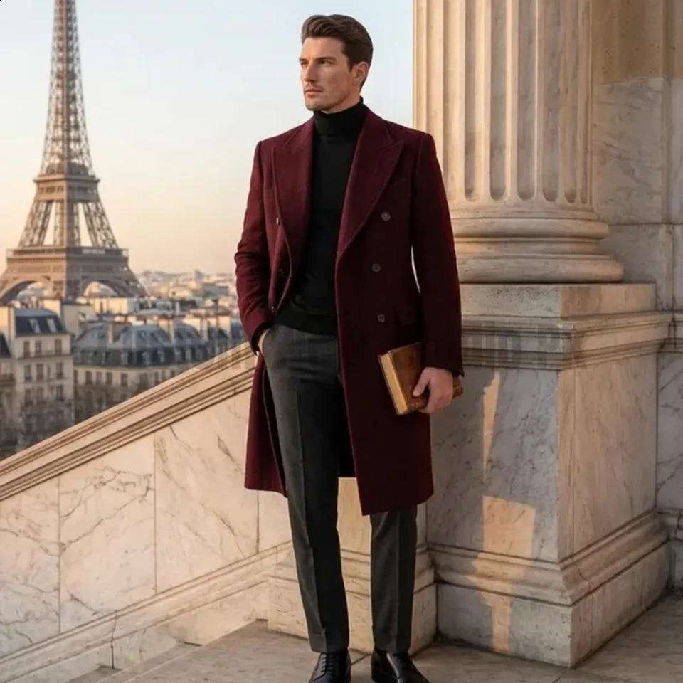Men Burgundy Double Breasted Long Wool Overcoat Notched Lapel Slim Fit Winter Thick Vintage Formal Business Outerwear Customized 260916