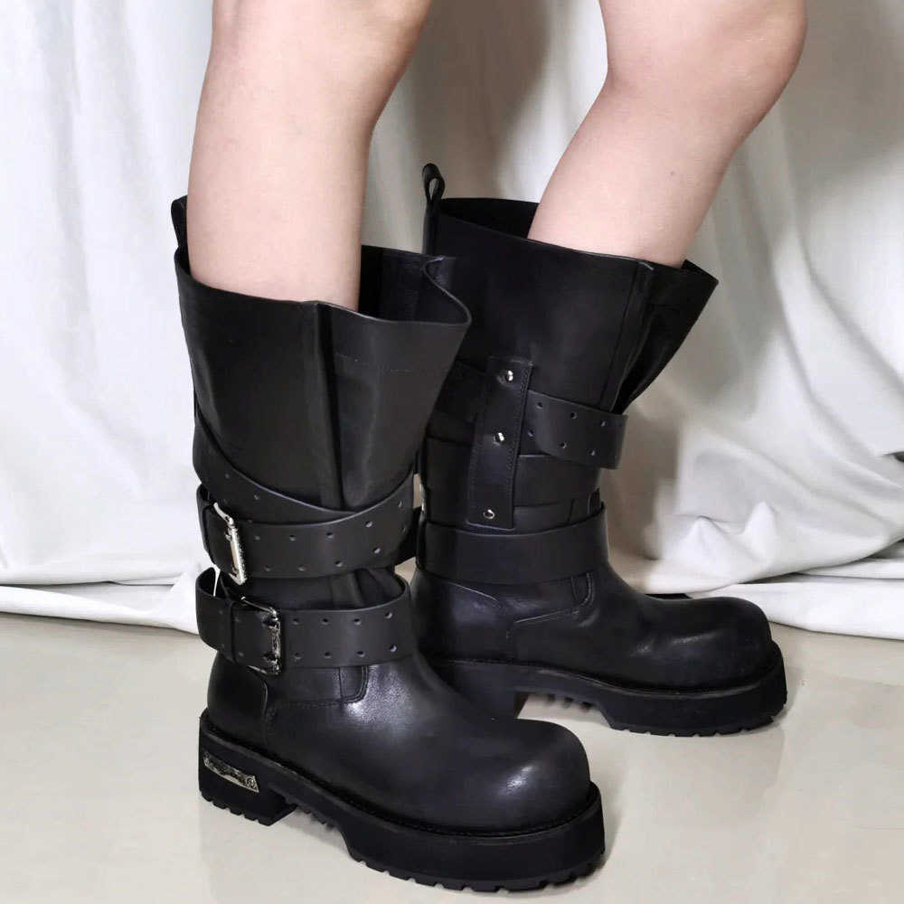 2025 Design Big Size 42 Women's Punk Motorcycle Boots fa1 Black Big Toe Platform Chunky Heels Mid-calf Boots Shoes D260917