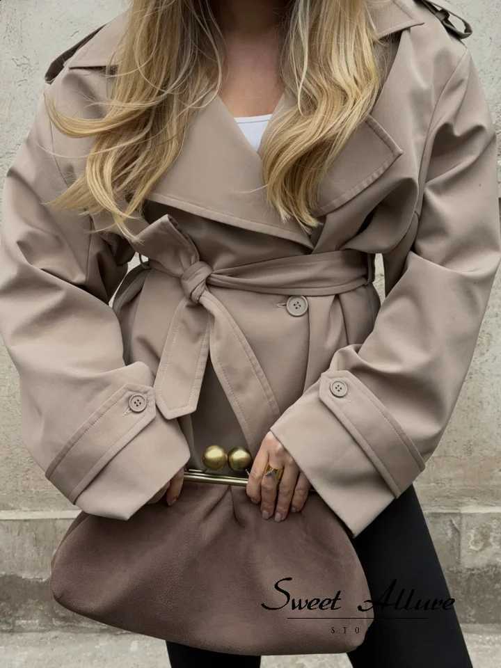 Lapel V-neck Women Belt Trench Coat Lace Up Button Full Sleeve Short Thin Windbreak 2026 Lady New Fashion Daily Street Outerwear C260917