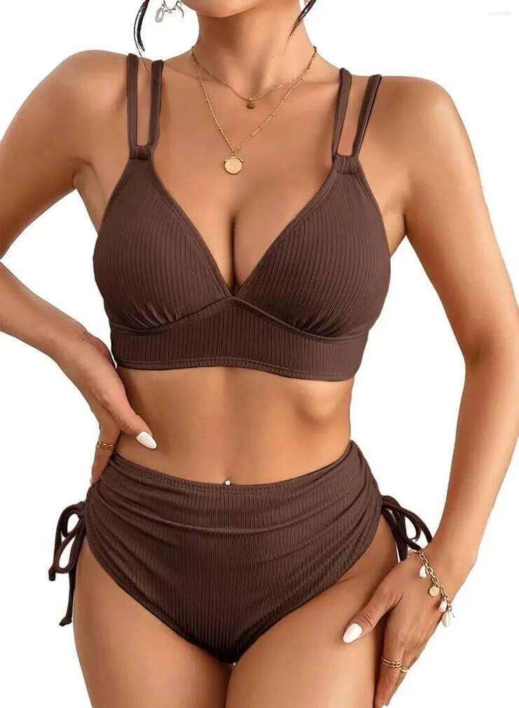 Designer Woman Women's Ribbed High outdoor Waist Bikini Set Strappy Triangle Beach Wear Top Drawstring Bottom Solid Color Swimwear Bathing Suit