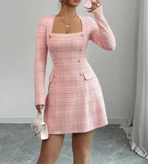 2025 Womens Dresses Spring New Solid Color Simple and Fashionable Style Square Neck Long Sleeved Temperament Elegant Mini Dress C260917