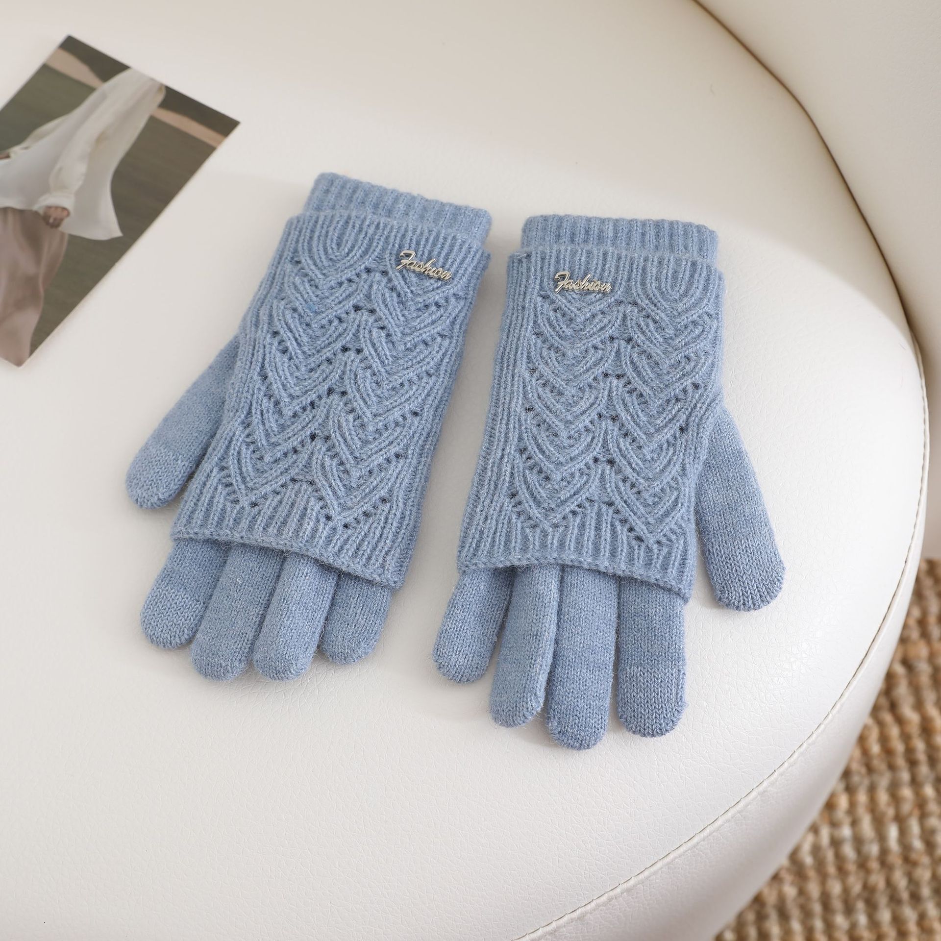 Winter Cute Touchscreen Thin Knitted Wool Gloves for Women Short Dual-use Color-blocking Thickened Korean Style Trendy Warm