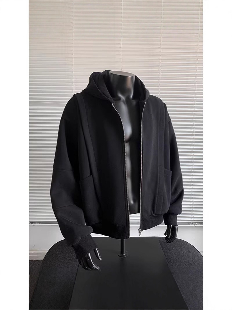 Cross-border direct sales men's short sweatshirt for autumn and winter, 400g heavy-duty, stiff American-style zip-up jacket, deconstructed patc