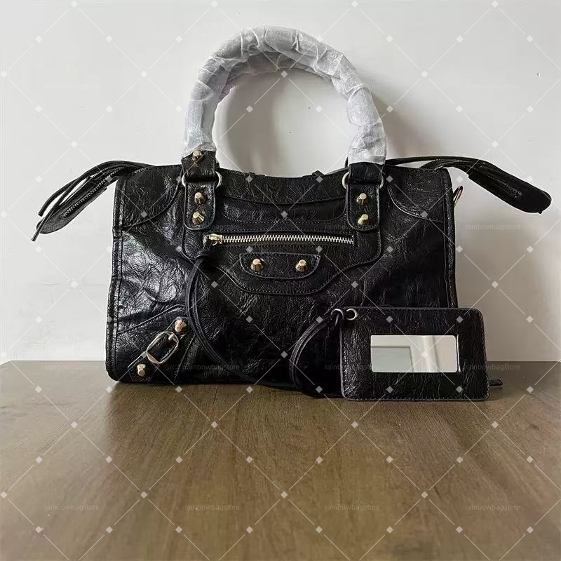 2026 New Vintage Urban Women's Biker Style Shoulder Bag Rivet Tote Bag, Large Capacity Crossbody Handbag with Mirror Fringed Designer Gold Buck