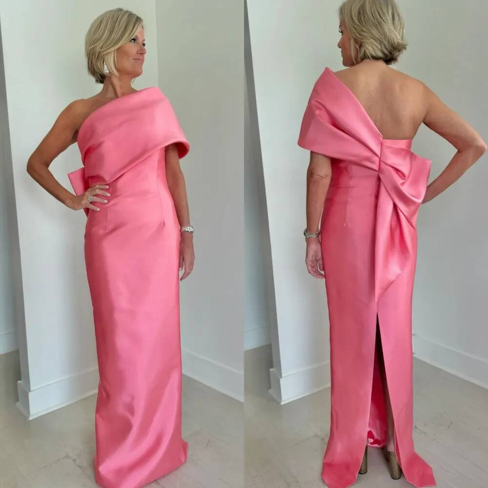 Stunning One Shoulder Evening Dress Half Bow Slit Flamingo Pink Column Winter Formal Event Cocktail Party Wedding Guest Red Capet Runway Mother Of T