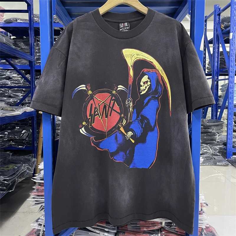 Saint 2025 Man Vintage Short Sleeve T-shirt Heavyweight Saint Evil Death God Skeleton Print American High Quality Oversize Top X260916