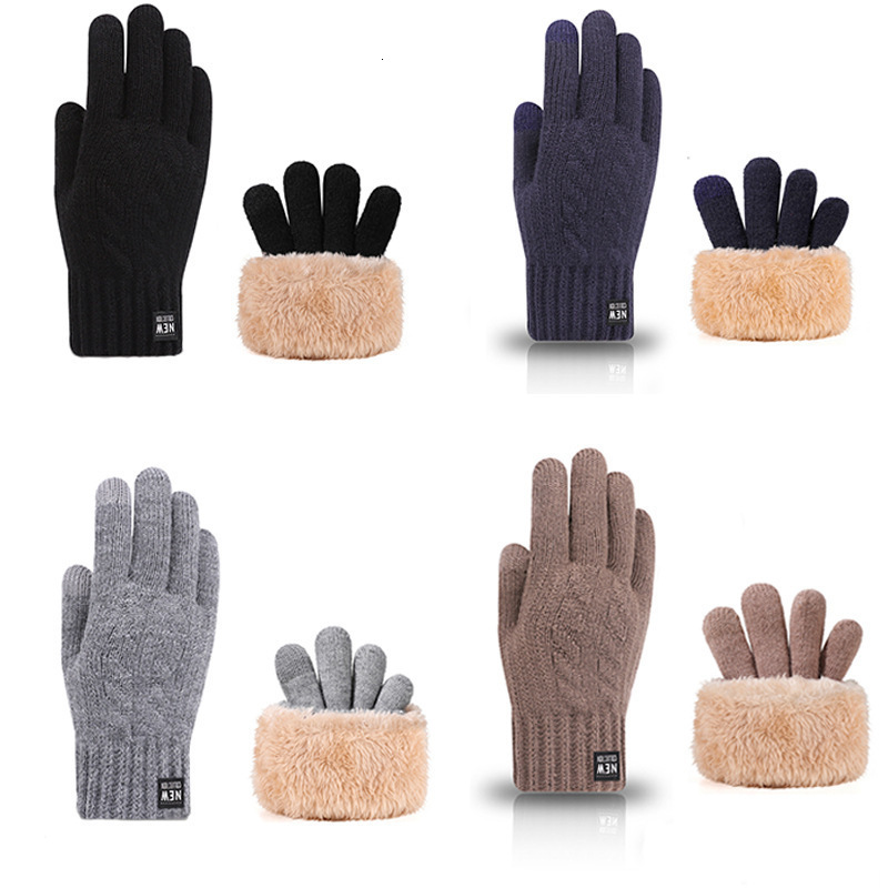 Warm New Fleece-Lined Thickened Arctic Fleece Winter Touchscreen Knitted Gloves Men's Outdoor Double-Layer Windproof