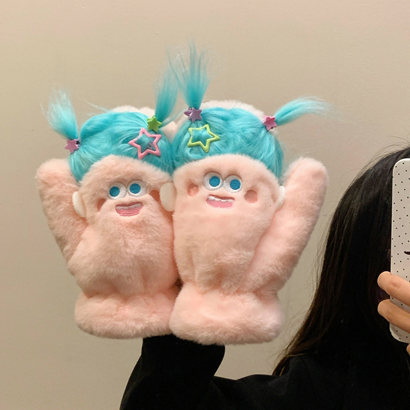 Cute and Quirky Little Braids Plush Gloves for Women Winter Student Neck Hanging Full Coverage Fingerless Fleece Lined Warm Cycling Cold Protection