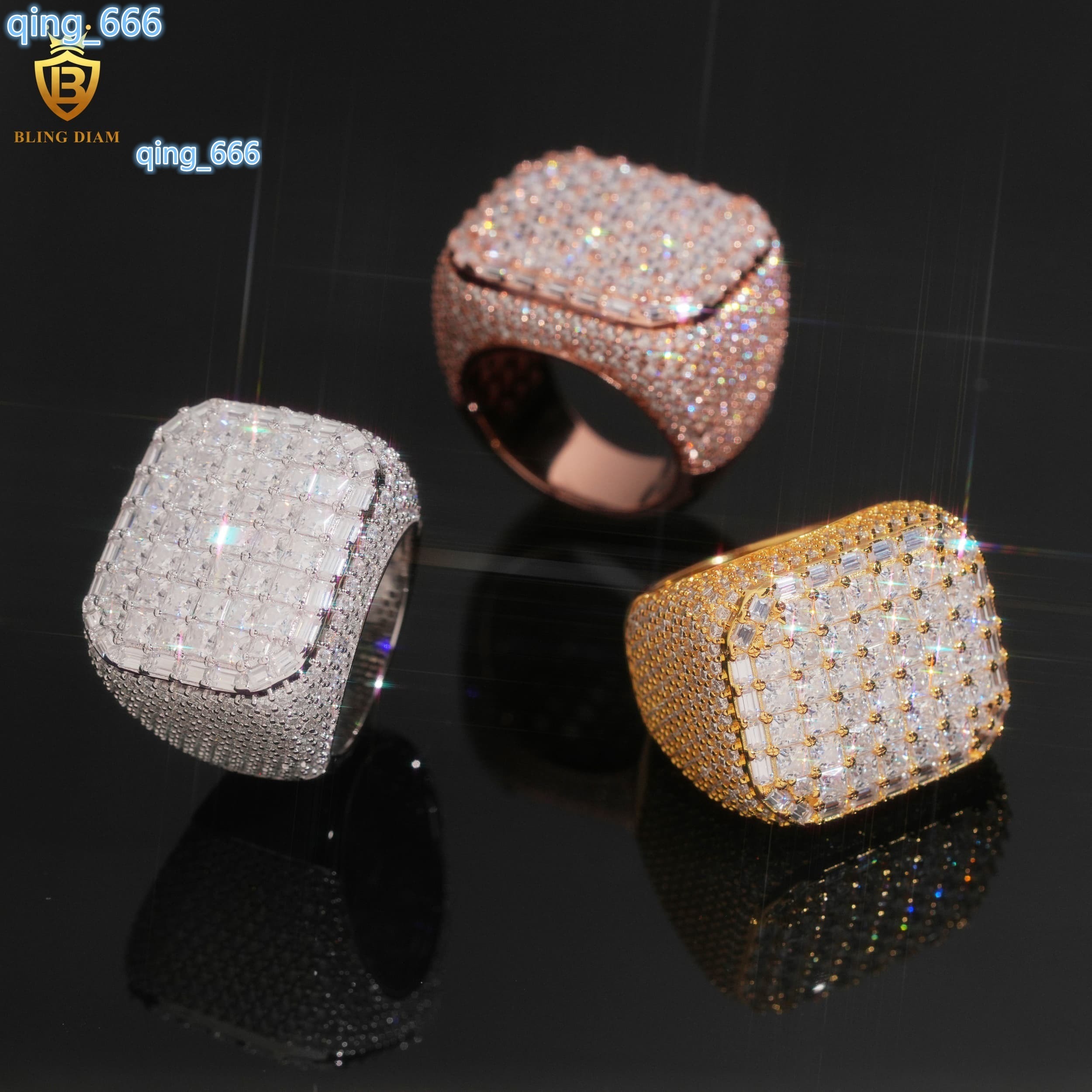 Cool Rapper Men Rings Rectangle Sharped Hip Hop Jewelry 925 Sterling Silver and Gold Ice Out Vvs Moissanite Square