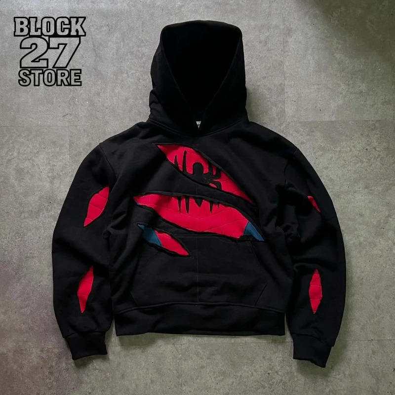 Mens Hoodie American Retro Spider Patchwork Zip Up Sweatshirt Harajuku Unisex Oversized Loose Fit Gothic Y2K Streetwear Fashion 260917