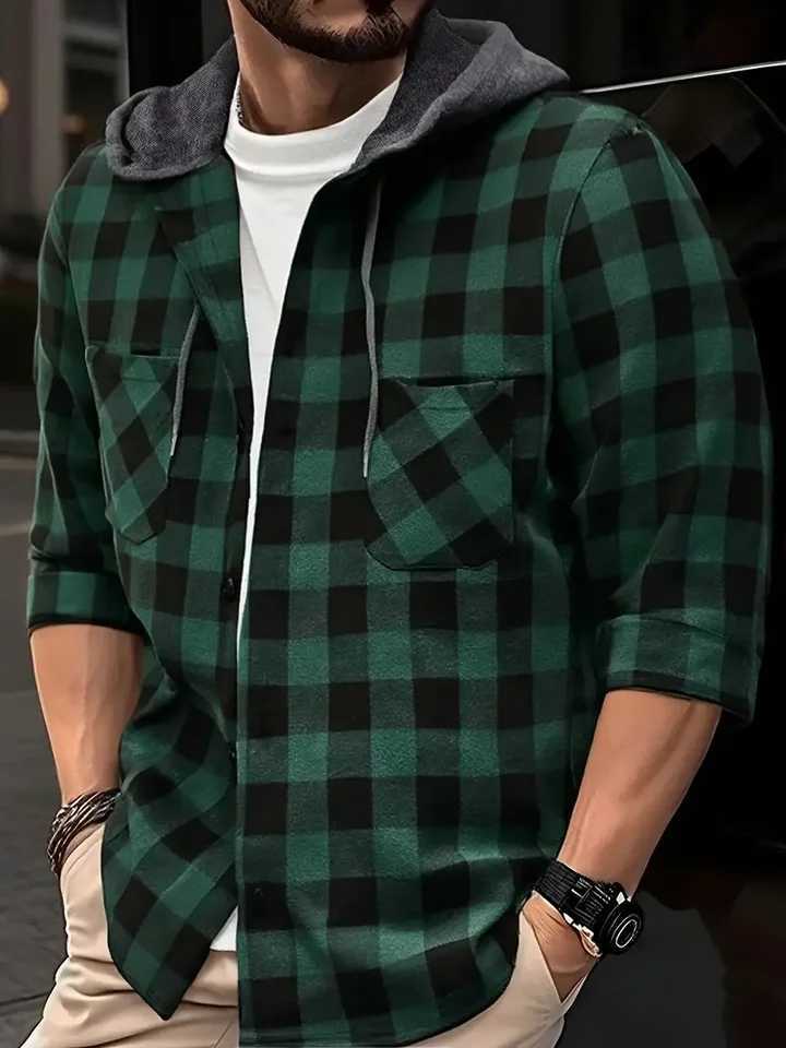 New Coat Spring and Autumn Men's Loose Plaid Hooded Shirt Large Size Fashion Casual Long Sved Shirt Street Style S-3XL Q260917