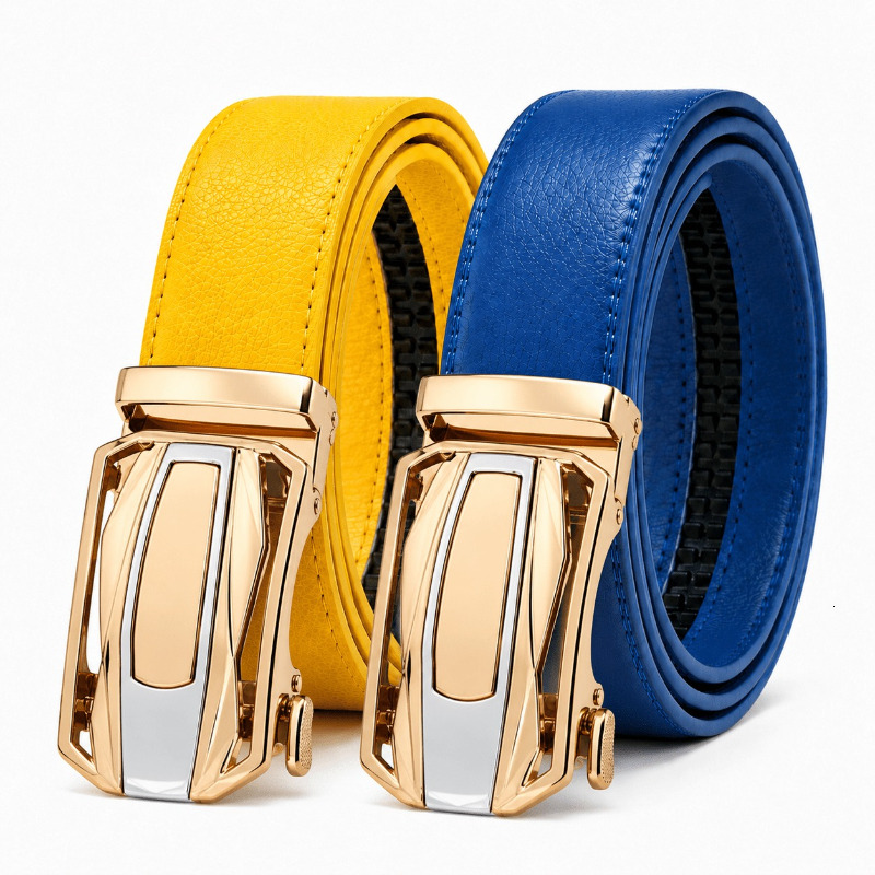 Business Men's Ratchet Belt with Glossy Alloy Automatic Buckle, Textured PU Leather No-Hole Self-Locking Dress Belt, 3.5cm Wide W260917
