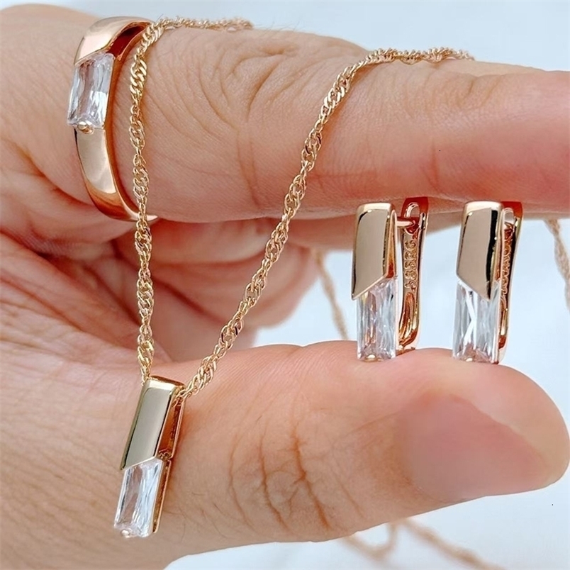 Kienl Square White Natural Zircon Ring Earrings Necklace for Women 585 Rose Gold Color Wedding Accessories Daily Fine Jewelry 260916