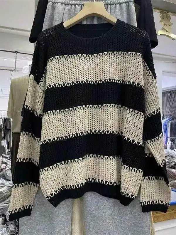 Gray Striped Hollow out Knitwear Women's Long Slve Sweater Autumn Season Casual Style Loose Fit round Neck Top S2609174S7S