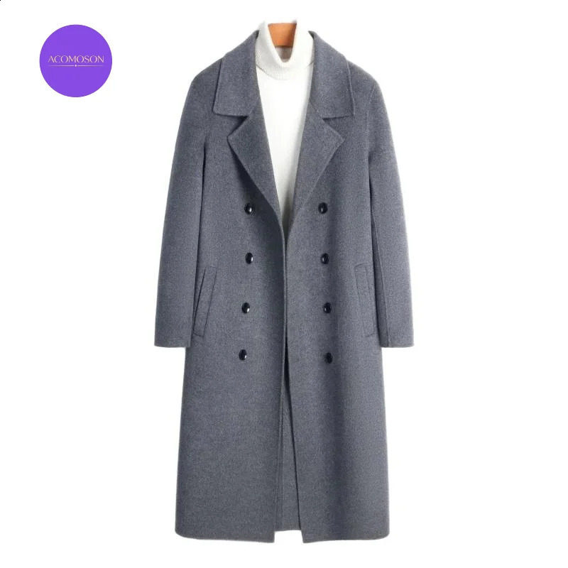 ACOMOSON Top Quality EU US Size y 100%Wool Double Breasted Coat Jacket Long Pea Coat Winter Warm Overcoat For Men 260916
