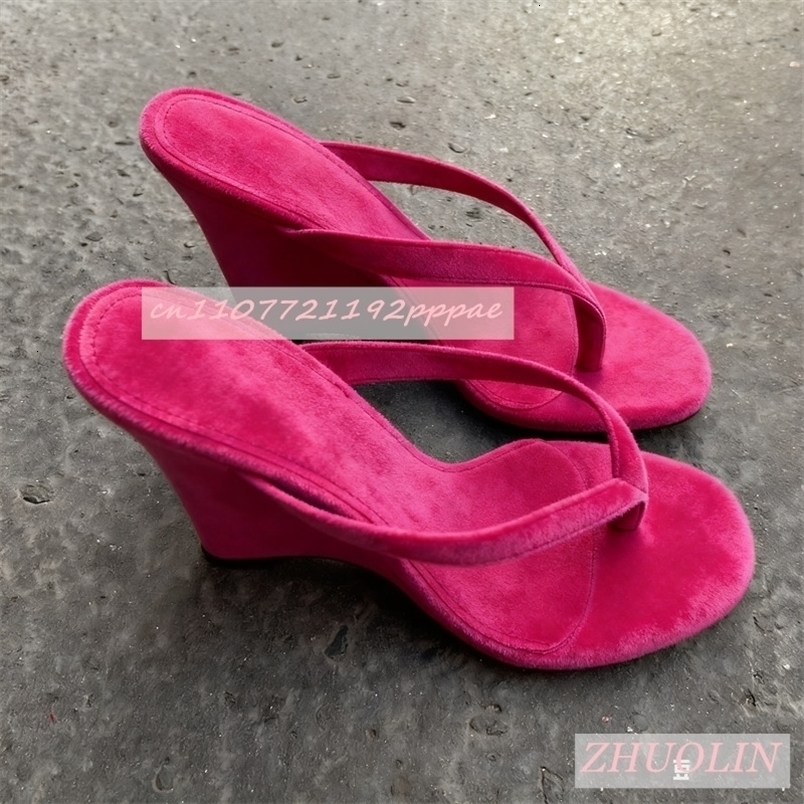 Rose Red Suede Thong Mules Summer Open Toe Shallow Wedge Sandals Elegant Outdoor WomenS SlipOn Slippers Big Size Gladiator 45 a260917