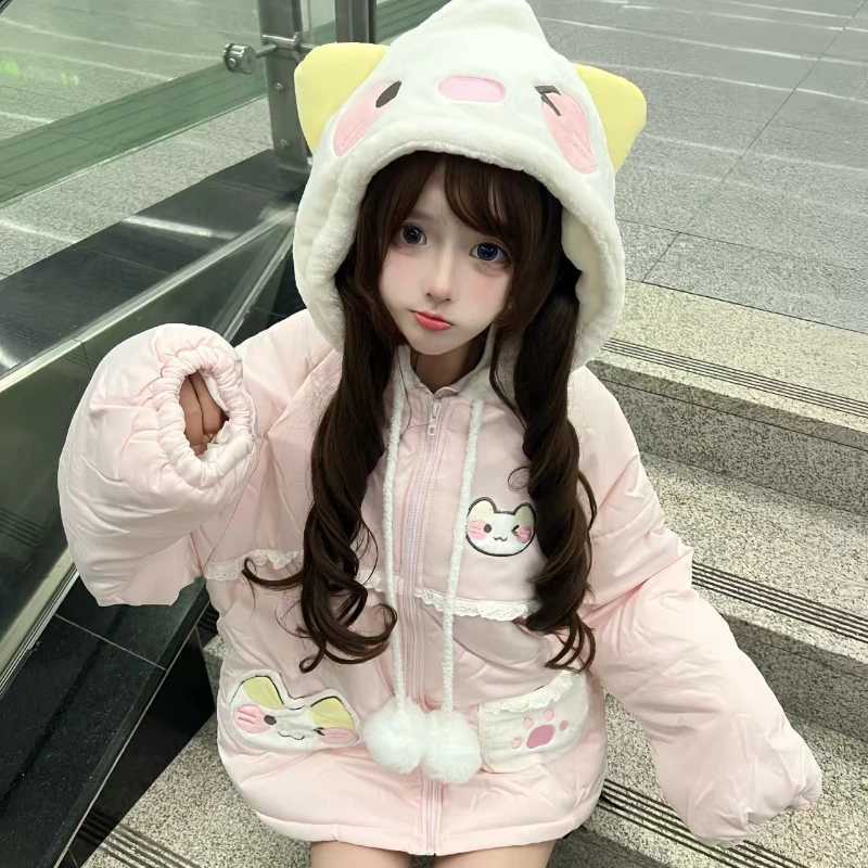 Japanese KAWaii Cartoon Embroidery Parkas Coat Women Sweet Plush Cat Ears Hooded Jackets Y2k Winter Warm Lolita Padded Tops H260917