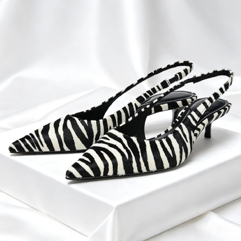 Stylish Zebra Print High Heels for Women Sexy Pointed Toe Kitten Heels Sandals Comfortable Street Style Slingback Shoes 260917