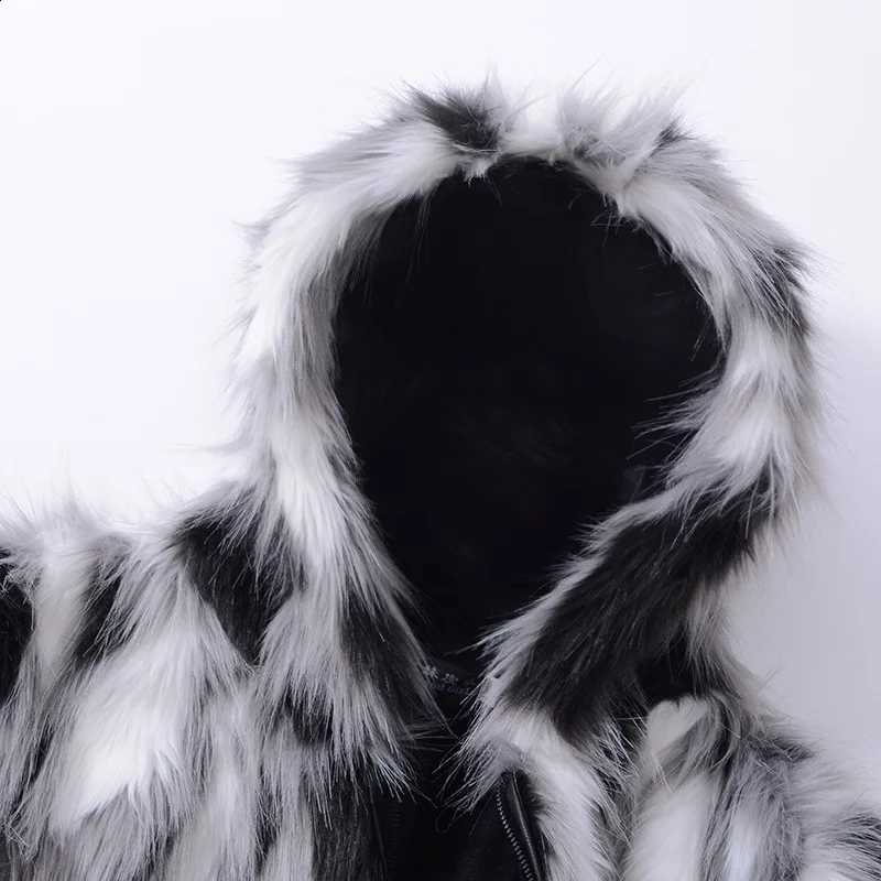 Faux Fur Spliced Hooded Men Fur Cardigan Open Stitch Outerwear Windbreaker Winter 2025 High Street Long Sleeve Pockets W260915