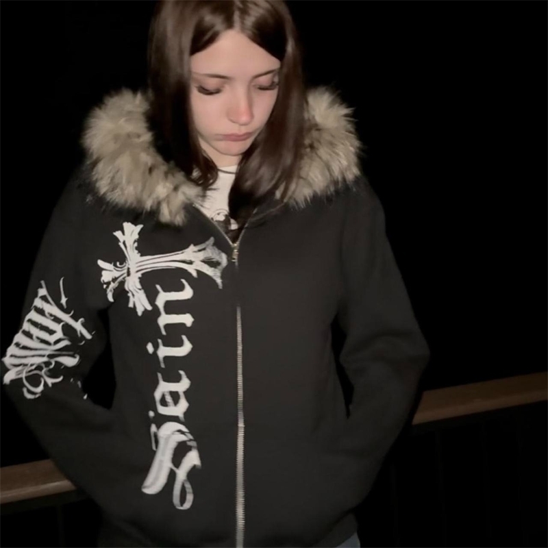 Y2K Zip up hoodie Harajuku Faux Fur Collar Skull Graphic Print Gothic Casual Jacket Punk Street Hip Hop Zipper Hoodie sweatshirt yy260909
