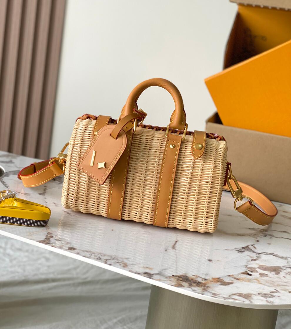 New high-end keep25 handbags 12A top quality Rattan weaving M14455 Boston bag Unisex Genuine leather lace woven shoulder bag fashion tote designer c