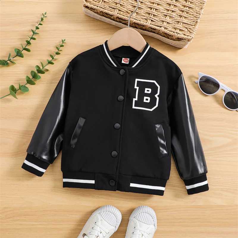 Fashion Jacket Children's Kids Spring Autumn Baseball Coats Boy Button V-neck Leather Windbreaker Baby 2-6Y Letter OvercoatT260916