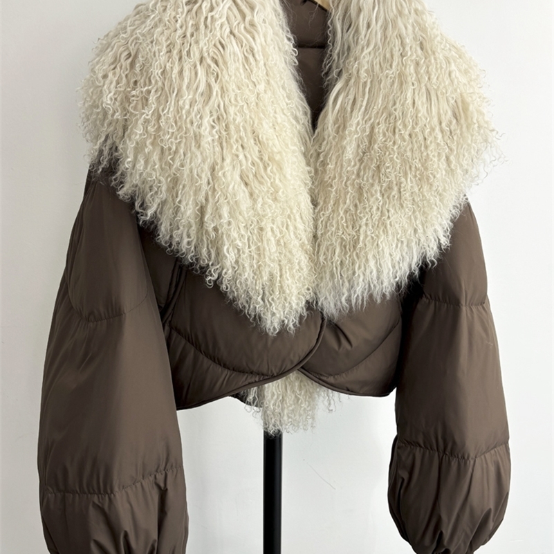 Janveny Natural Mongolian Sheep Fur 2024 Winter Female Short Feather Puffer Coat For Women 90% Duck Down Parkas260915ww