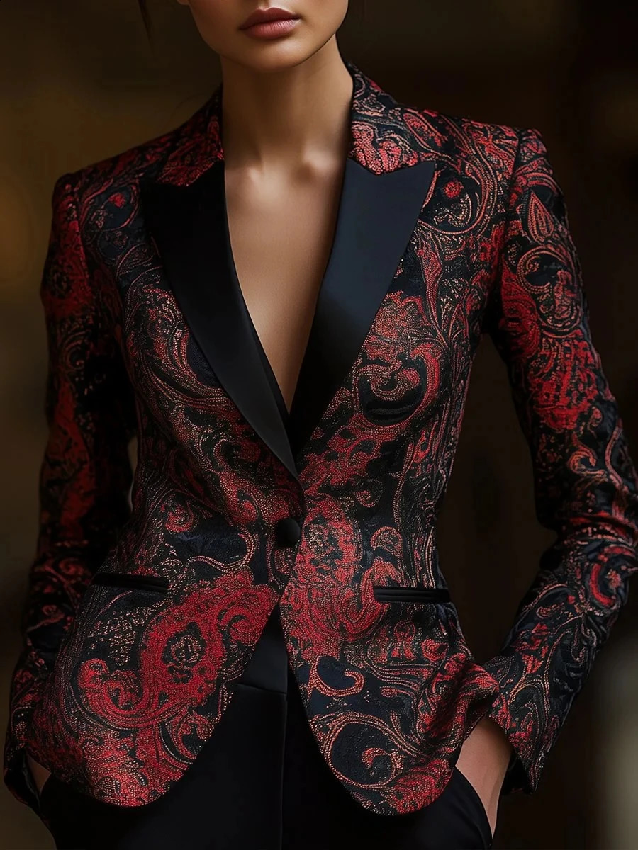2026 Elegant Chic Jacket Women Vintage Floral Print Turndown Collar Slim Waist Pocket Decor Long Sleeves Tops Blazers Coats 260917