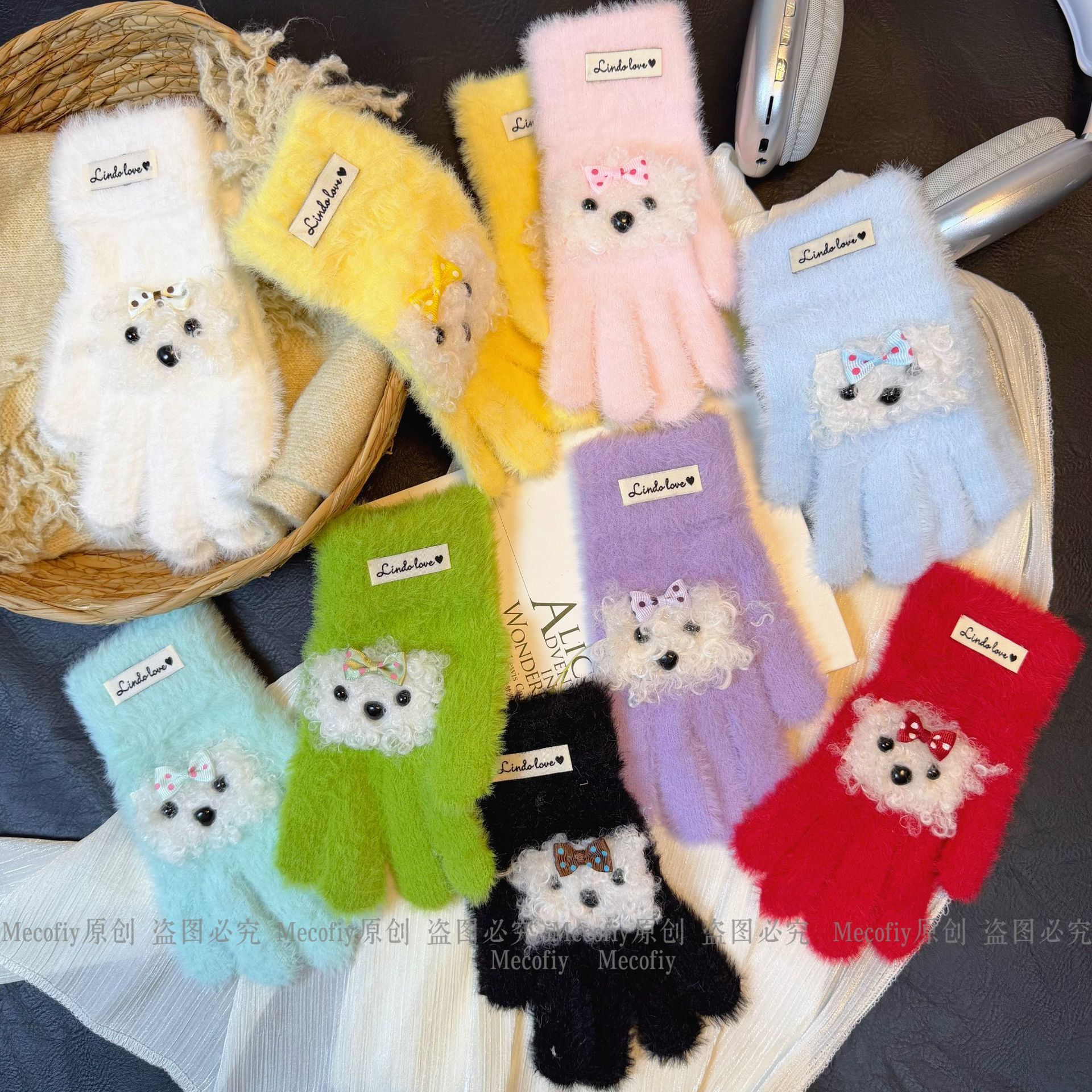 Teddy dog heart-shaped blush puppy fingerless faux mink fur white plush gloves, Korean autumn/winter cute girl's style