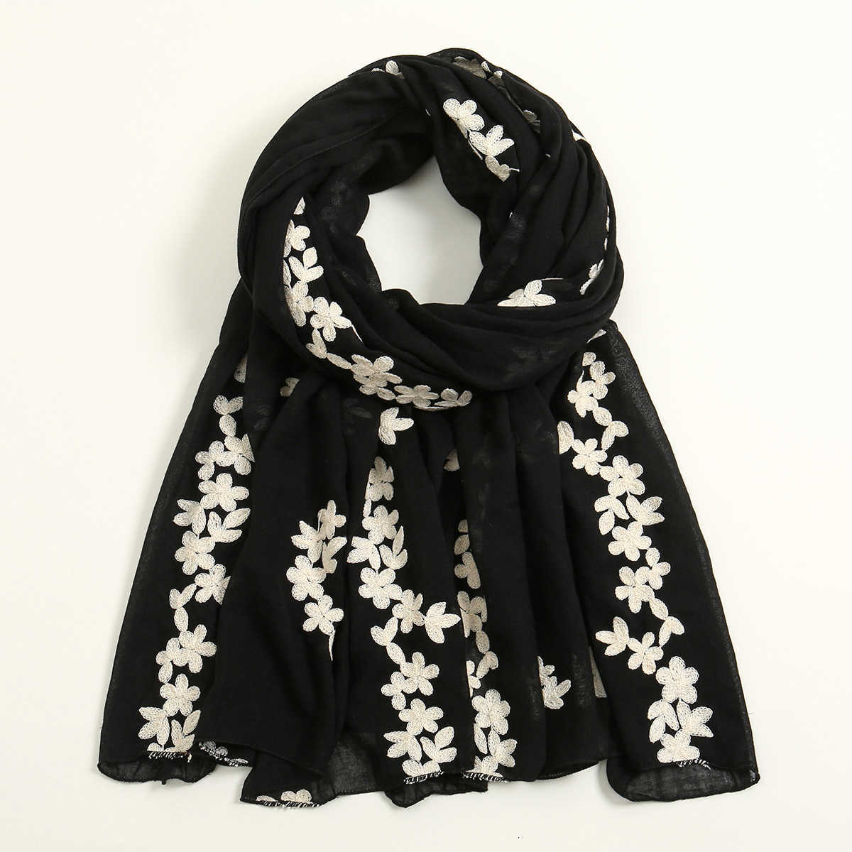 Floral Embroidery Long Scarf Hijab Woman Cotton Shawl Summer Solid Color Wraps For Ladies Casual Stole Headband 180*80cm 26Y0818 S2609174435