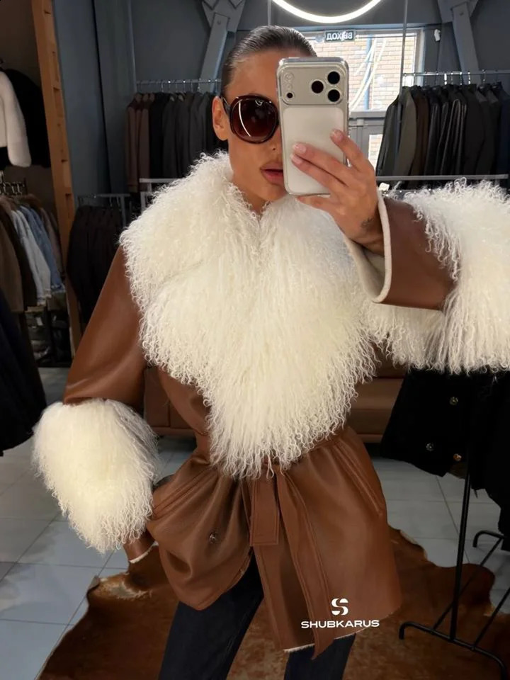 Laur 2026 Women Faux Leather Winter Jacket Big Curly Fur Collar Cuffs Belted Waist Warm Autumn Outerwear 260917
